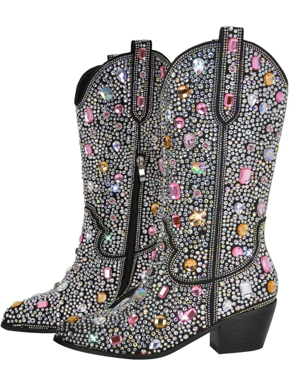 👢Women's Gem Black Sparkly Rhinestones Cowgirl Style Boots Calf High Boots